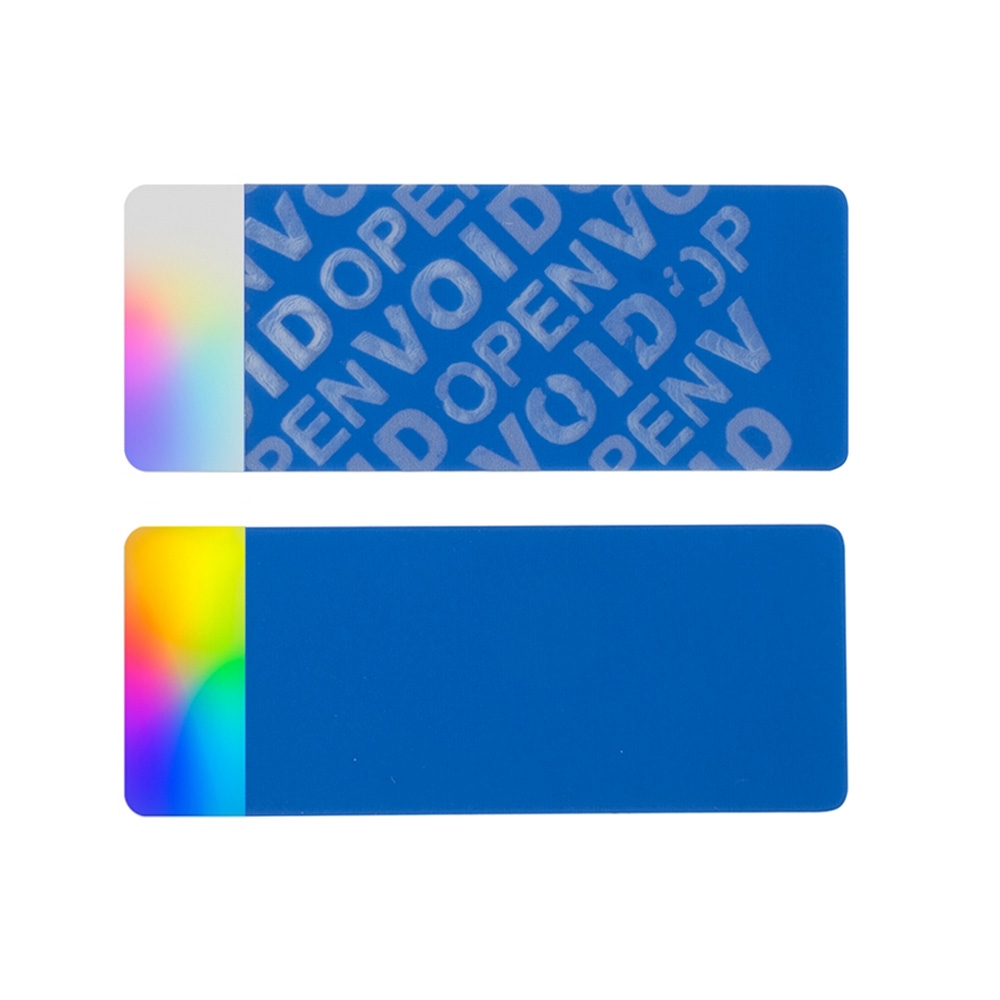 Scellé rectangulaire bleu non résiduel VOID avec hologramme argenté transparent 50x20mm