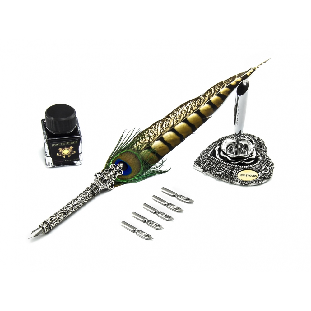 Stylo-plume de calligraphie avec plume et plumes de paon, support en métal et encre